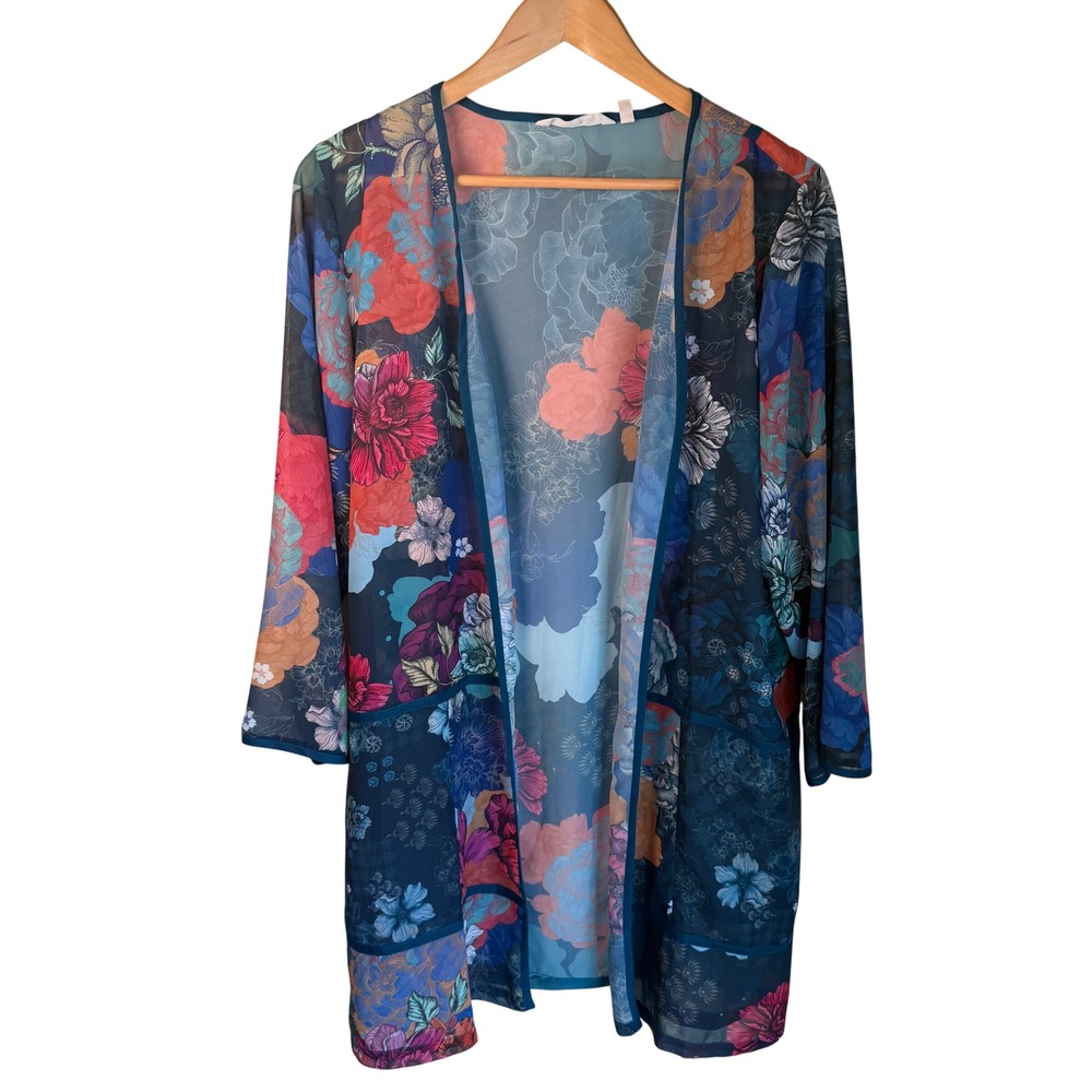 Soft Surroundings Floral Mesh Kimono Women XL Blue Sheer Boho Cardigan Whimsgoth